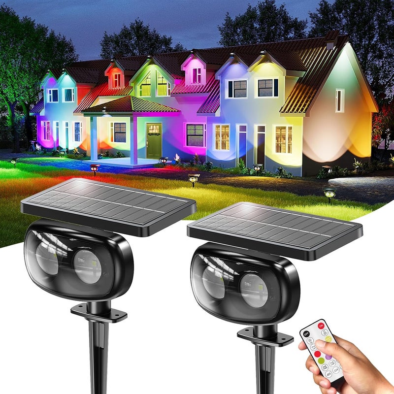 MOFOYEAH 2 Pack Solar Spot Lights Outdoor Waterproof IP68, Super Bright 9 Colors LED Solar Lights Outdoor with 3 Brightness Fixable Colors for Yard Pathway Garden House Lawn - Image 1